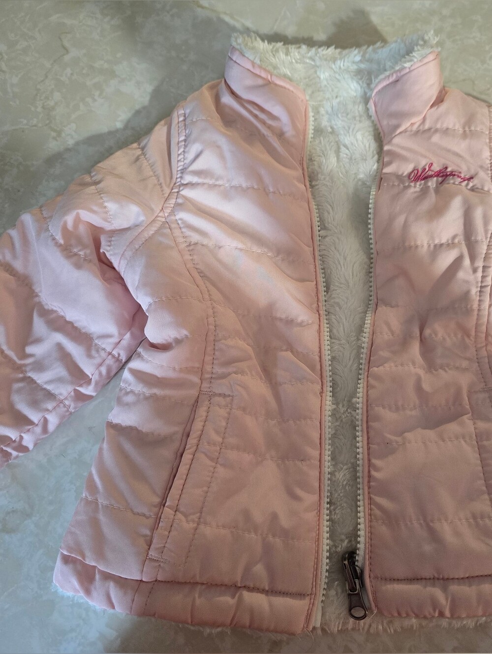 Light Pink Reversible Girls' Puffer Jacket with Faux Fur Flipable Side